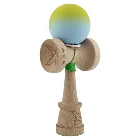 Kendama X Originala, Profesionala, Cyrax, Rubber Grip, Cupe Mari KING SIZE V3, Gaura in Baza, Rulment Metalic, din lemn 18 cm, Ata 62/65 cm, Gradient Galben/Albastru
