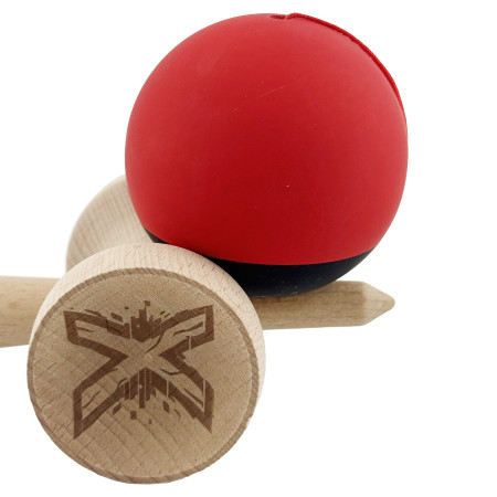 Kendama X Originala, Profesionala, Cyrax, Cupe Mari KING SIZE V3, Rubber Grip, Gaura in Baza, Rulment Metalic, din lemn 18 cm, Ata 62/65 cm, Bicolor Rosu/Negru