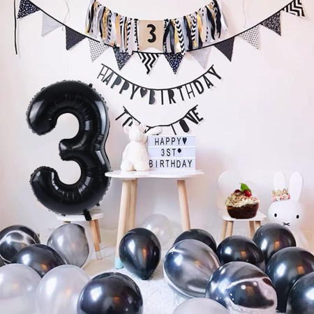 Balon din Folie Metalizata Cyrax, Figurina Cifra, Tema Aniversare 40 cm, Ambalaj Individual, Pai inclus, Umflare cu Aer sau Heliu, Negru, Cifra 3