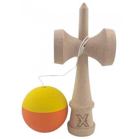Kendama X Originala, Profesionala, Cyrax, din Lemn, Rubber Grip, 18 cm, Galben/Portocaliu