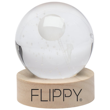 Lampa LED Decorativa,  cu Bila de Cristal cu Diametru 6cm, Model Astronaut pe Scara catre Luna 3D, Alimentare USB, Suport din Lemn, Lumina Alb Cald