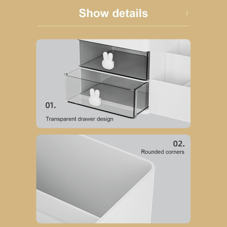 Cutie de Depozitare pentru Birou,  Pentru Makeup, Papetarie, Organizator Cosmetice, 2 Sertare si Compartimente Multiple, Model Iepuras, Plastic, 27.5x15.5x12 cm, Alb