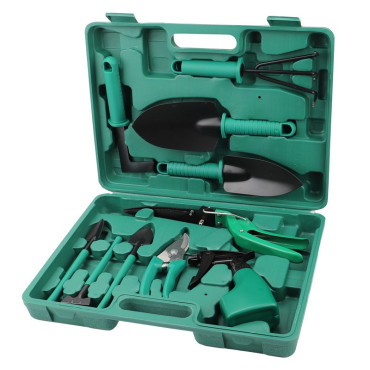 Set 10 accesorii pentru gradinarit  geanta depozitare inclusa, otel inoxidabil, 37 x 28 cm, verde