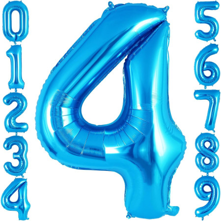 Balon din Folie Metalizata Cyrax, Figurina Cifra, Tema Aniversare 40 cm, Ambalaj Individual, Pai inclus, Umflare cu Aer sau Heliu, Albastru, Cifra 4