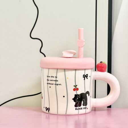 Cana din Ceramica cu Capac si Pai, Cyrax, Capacul si Paiul din Silicon Roz, 9x8.5 cm, Model Cute A, Capacitate 380ml