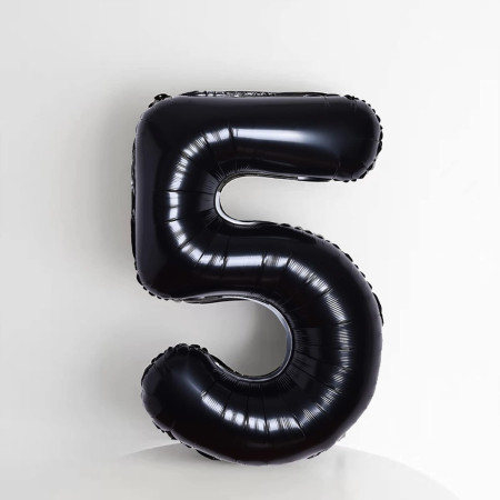 Balon din Folie Metalizata Cyrax, Figurina Cifra, Tema Aniversare 40 cm, Ambalaj Individual, Pai inclus, Umflare cu Aer sau Heliu, Negru, Cifra 5
