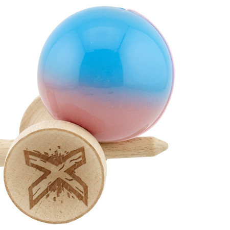 Kendama X Originala, Profesionala, Cyrax, Big Cups V2, Super Sticky cu Cupe Mari, din lemn 18 cm, Rulment Metalic cu Ata 55 cm, Albastru/Roz