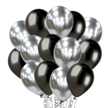 Set 10 Baloane din Latex Chrome, Cyrax, Model Party, 23 cm, Negru Argintiu, 2.2 g