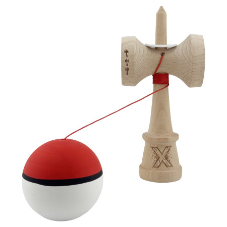 Kendama X Originala, Profesionala, Cyrax, Cupe Mari KING SIZE V3, Rubber Grip, Gaura in Baza, Rulment Metalic, din lemn 18 cm, Ata 62/65 cm, S Bicolor Rosu/Alb
