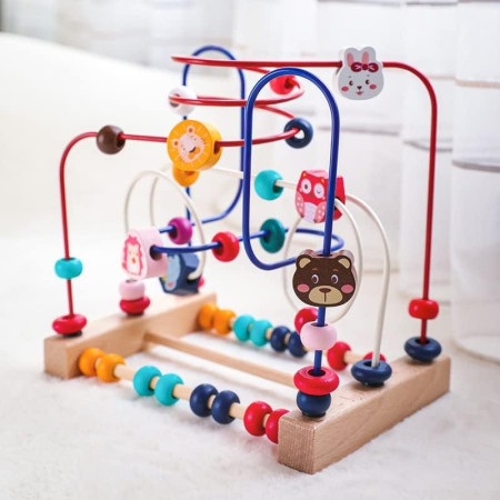 Jucarie din Lemn Montessori, Cyrax, Labirint Motricitate cu Abac si Animalute, Rollercoaster pentru Copii, Educativ, Dezvoltarea Abilitatilor Motorii, Numaratoare, 22.5x22.5x15 cm, Multicolor