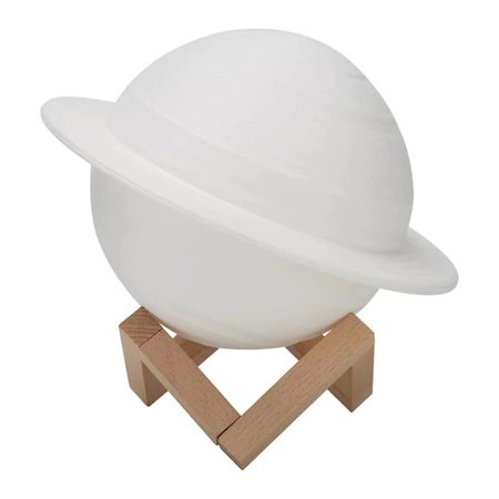 Lampa de Veghe,  Model Planeta Saturn, 3D, Lumina Alb Cald, Suport din Plastic, cu Baterii, 13 cm, Alb