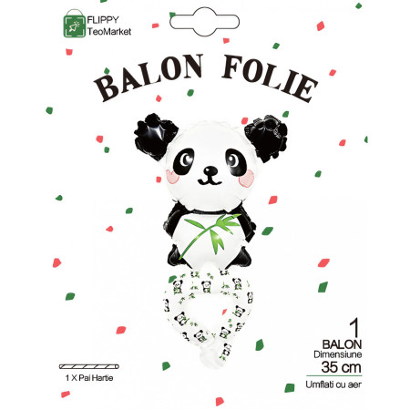 Balon din Folie Metalizata, Cyrax, Figurine Animalute, Tip Bratara, Model Panda, 13 x 35 cm, Ambalaj Individual, Pai Inclus, Umflare cu Aer sau Heliu, Alb/Negru