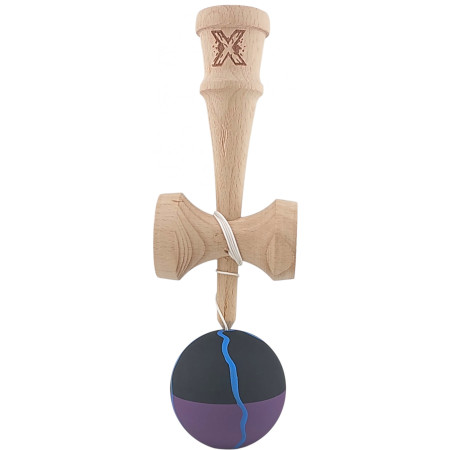 Kendama X Originala, Profesionala, Cyrax, din Lemn, Rubber Grip, 18 cm, Negru/Mov/Albastru