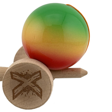 Kendama X Originala, Profesionala, Cyrax, Big Cups V2, Super Sticky Cupe Mari, Rulment Metalic cu Ata 55 cm, Verde/Galben/Rosu