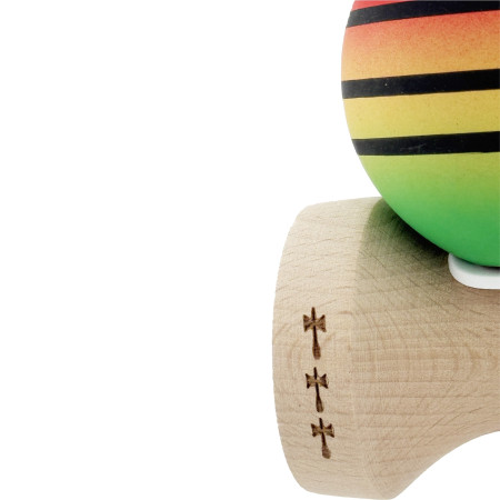 Kendama X Originala, Profesionala, Cyrax, Rubber Grip, Cupe Mari KING SIZE V3, Gaura in Baza, Rulment Metalic, din lemn 18 cm, Ata 62/65 cm, Special Rosu/Galben/Verde