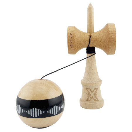 Kendama X FREQUENCY Originala, Profesionala, Cyrax, Big Cups V2, Super Sticky cu Cupe Mari, Rulment Metalic, din lemn 18 cm, Ata 55 cm, Negru/Maro