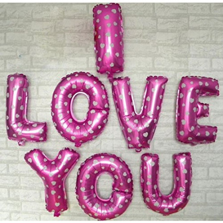 Cyrax Set 8 Baloane din Folie Metalizata, Figurine Litere, Model I Love You, Tema Ziua Indragostitilor, 40 cm, Ambalaj Individual, Pai Inclus, Umflare cu Aer sau Heliu, Roz cu Inimioare Albe