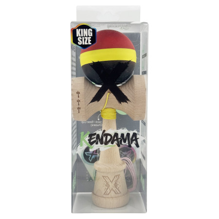 Kendama X Originala, Profesionala, Cyrax, Cupe Mari KING SIZE V3, Rubber Grip, Gaura in Baza, Rulment Metalic, din lemn 18 cm, Ata 62/65 cm, M Rosu/Galben/Negru