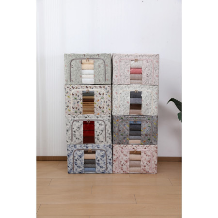 Cutie Depozitare,  66L, din Material Textil, 50 x 40 x 33 cm, pentru Haine si Lenjerii, Model Flori de Primavara, Gri