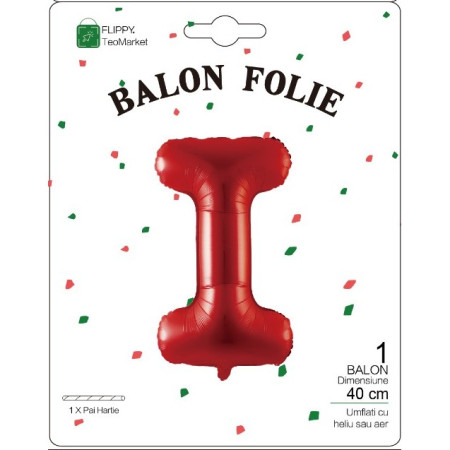 Balon Folie Metalizata Litera I, Cyrax, 40 cm, Umflati cu Heliu sau Aer, Ambalaj Individual, Pai inclus, Rosu