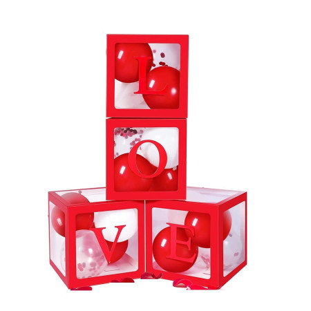 Set 4 Cutii pentru Baloane, Cyrax, Model Scris Love, Tematica Iubire, Cuburi Decorative din Plastic, Accesorii pentru Petrecere, 30x30 cm, Transparente Contur Rosu