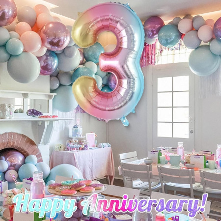 Balon din Folie Metalizata Cyrax, Figurina Cifra Gradient, Tema Aniversare 40 cm, Ambalaj Individual, Pai inclus, Umflare cu Aer sau Heliu, Multicolor, Cifra 3
