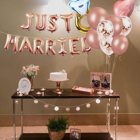 Set Baloane din Folie Metalizata, Cyrax, Model Just Married, Litere de 40 cm, Baloane Party, Ambalaj Individual, Pai, Ata si Adeziv Incluse, Umflare cu Aer sau Heliu, Roz