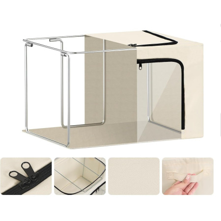 Cutie de Depozitare,  cu 3 Ferestre cu Fermoar Bidirectional, Cadru din Otel, Impermeabil, 38L, 42 x 30 x 30 cm, Bej
