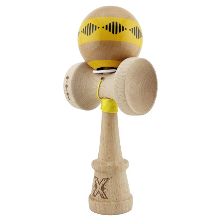 Kendama X Originala FREQUENCY, Profesionala, Cyrax, Cupe Mari KING SIZE V3, Super Sticky, Gaura in Baza, Rulment Metalic, din lemn 18 cm, Ata 55 cm, Galben/Maro