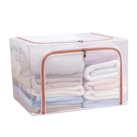 Cutie de Depozitare Pliabila,  Cu Fereastra si Fermoar Dublu Rosu, 66 L, Textil, 50x40x33 cm, Cadru Metalic, Impermeabila, Transparent