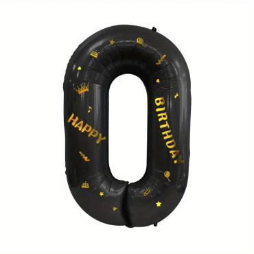 Balon din Folie Metalizata Cyrax, Figurina Cifra, Scris Happy Birthday, Tema Aniversare 100 cm, Ambalaj Individual, Pai inclus, Umflare cu Aer sau Heliu, Negru, Cifra 0