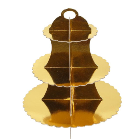 Etajera pentru Prajituri, Cyrax, din Carton, 3 Nivele, 16/22/29 cm Diametru, Inaltime 38 cm, Auriu