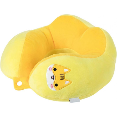 Perna de Calatorie,  Pentru Gat si Cap, Umplutura din Bumbac, 28x28x10 cm, cu Model Brodat Pisica, Galben