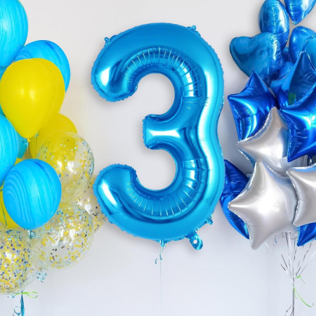 Balon din Folie Metalizata Cyrax, Figurina Cifra, Tema Aniversare 40 cm, Ambalaj Individual, Pai inclus, Umflare cu Aer sau Heliu, Albastru, Cifra 3