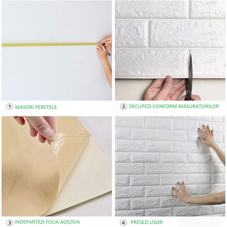 Set 10 Placi de Tapet,  Autoadezive, 70 x 77 cm, 3.5 mm Grosime, Suprafata Acoperita 5.3 mp, din PVC, Model Caramida, Gri