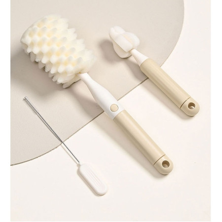 Set 3 Perii de Spalat Biberoane, Cyrax, pentru Tetina, Biberon, Pai, Materiale Sigure, fara BPA, Curatare 360°, Bej