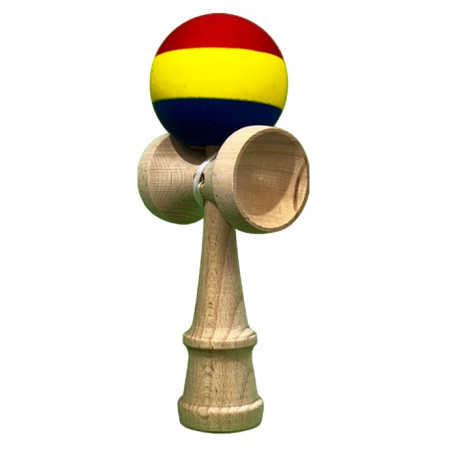 Kendama X Originala, Profesionala, Cyrax, din Lemn, Rubber Grip, 18 cm, Rosu/Galben/Albastru