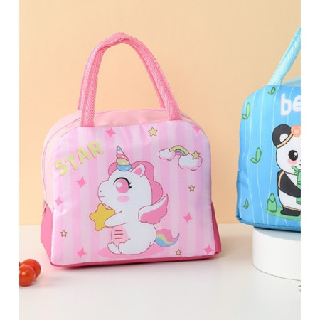 Geanta Termoizolanta pentru Copii, Cyrax, 23x13x19 cm, Model Imprimeu Unicorn, din Folie de Aluminiu si Panza Oxford, Roz