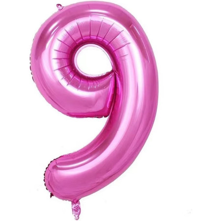 Balon din Folie Metalizata Cyrax, Figurina Cifra si Coroana, Tema Aniversare 100 cm, Ambalaj Individual, Pai inclus, Umflare cu Aer sau Heliu, Roz, Cifra 9