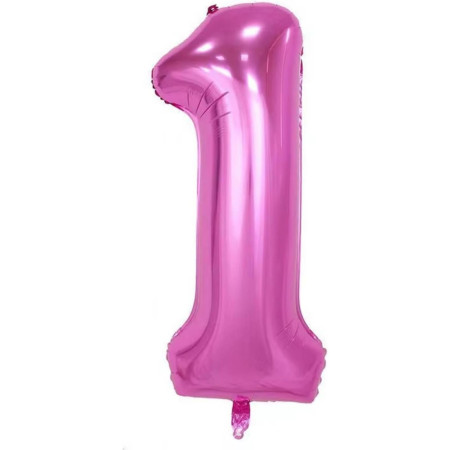 Balon din Folie Metalizata Cyrax, Figurina Cifra si Coroana, Tema Aniversare 100 cm, Ambalaj Individual, Pai inclus, Umflare cu Aer sau Heliu, Roz, Cifra 1