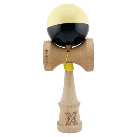 Kendama X Originala, Profesionala, Cyrax, Big Cups V2, Super Sticky cu Cupe Mari, Rulment Metalic, din lemn 18 cm, Ata 55 cm, Galben/Negru