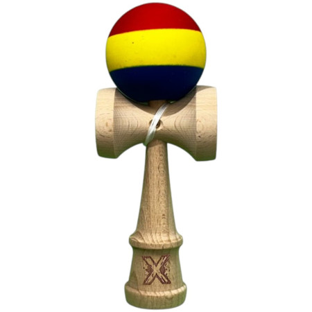Kendama X Originala, Profesionala, Cyrax, din Lemn, Rubber Grip, 18 cm, Rosu/Galben/Albastru
