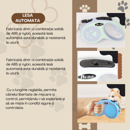 Lesa Automata Retractabila,  pentru Caini, 5 m, 20 kg, ABS, Verde/Bleu, 8x12x4 cm
