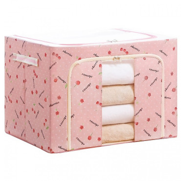 Cutie de Depozitare Pliabila,  Cu Fermoar, 66 L, Textil, 50x40x33 cm, cu Fereastra, Cadru Metalic, Suport Baza Stabil din Plastic, Imprimeu Cirese, Roz