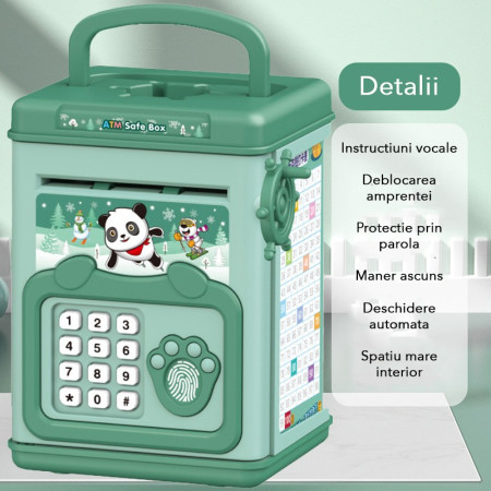 Pusculita pentru Copii, Cyrax, pusculita pentru economii SMART BOX cu efecte sonore, Tip ATM, cu Parola cu Amprenta, din plastic, 20 x 13.5 x 11.5 cm Verde