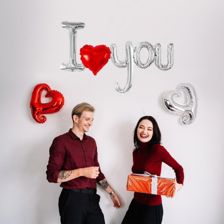 Cyrax Balon din Folie Metalizata, Figurine Litere si Inima, Model I Love You, Tema Ziua Indragostitilor, 54x97 cm, Ambalaj Individual, Pai Inclus, Umflare cu Aer sau Heliu, Argintiu/Rosu
