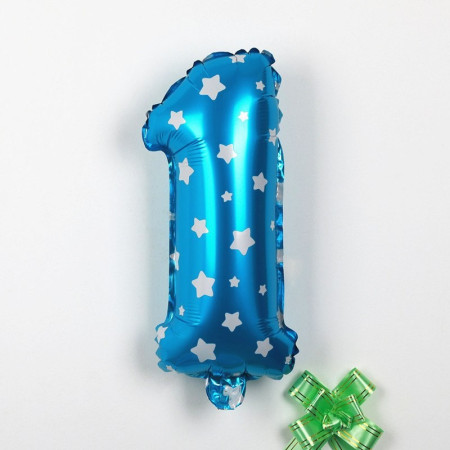 Balon din Folie Metalizata Cyrax, Figurina Cifra, Imprimeu Stele, Tema Aniversare 80 cm, Ambalaj Individual, Pai inclus, Umflare cu Aer sau Heliu, Albastru, Cifra 1