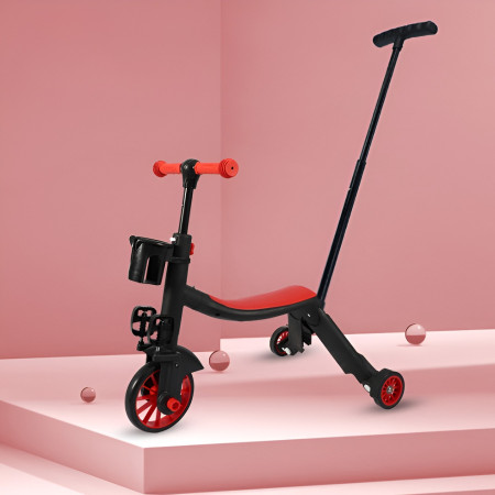 Bicicleta 8 in 1, Cyrax, Transformabila, Multifunctionala, Reglare Inaltime, cu Maner de Impingere Detasabil, Tricicleta, Trotineta, 3 Roti, Pedale, Cosulet, 3-6 Ani, Rosu
