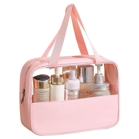Geanta cosmetice Cyrax, pentru voiaj sau organizare, material PVC/textil, impermeabila, portabila, 30 x 21 x 12 cm, roz