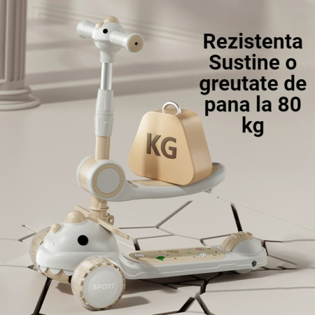 Trotineta Multifunctionala 6 in 1, Cyrax, Pentru Copii De La 10 Luni Pana La 12 Ani, Cu Maner De Impingere, Reglabil 360, Pliere Usoara, Reglarea Inaltimii, Model Dinozaur, Alb/Bej